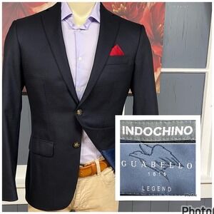 Indochino Suit Top Jacket Blazer Bespoke Men 38R Slim Fit Wool Dark Navy Diamond